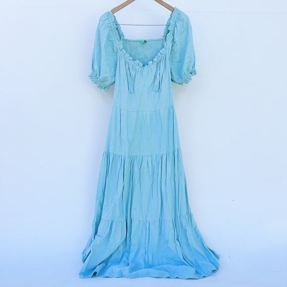 Farm Rio Puff Sleeve Maxi Dress Backless Cut Out Blue Prairie Large - Picture 2 of 10